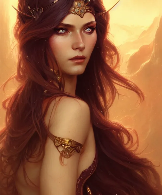 Image similar to fantasy magic woman portrait, sci-fi, amber eyes, face, long hair, fantasy, intricate, elegant, highly detailed, digital painting, artstation, concept art, smooth, sharp focus, illustration, art by artgerm and greg rutkowski and alphonse mucha