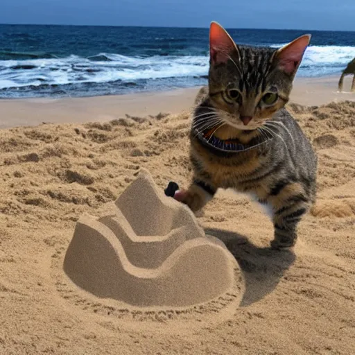 Image similar to a tabby cat building a sandcastle on the beach