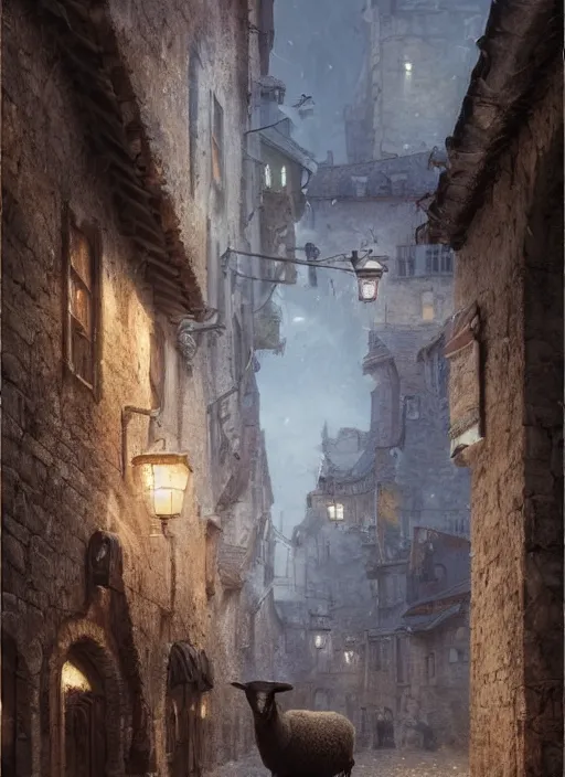 Prompt: portrait of a sheep standing in a medieval street, highly detailed, fantasy, godrays, cinematic lighting, close up, volumetric, realistic, digital art by greg rutkowski