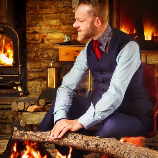 Image similar to man in a waistcoat sitting with a log fire opposite him at a table romantic soft focus nikon