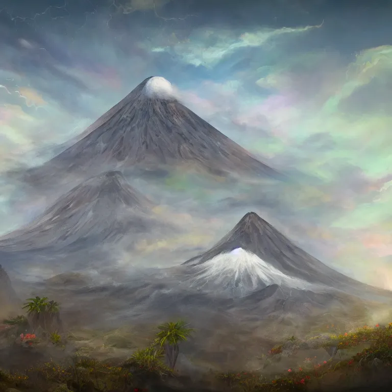 Image similar to a painting of a volcano from which come out flowers and stars exotic plants, all this happens in some kind of fantasy world, almost like in the sky or all in the amazing outdoors view, long exposure, 8 k resolution, trending on artstation