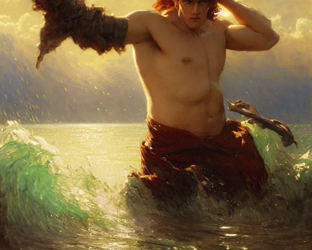 Image similar to attractive male wizard casting powerful giant tsunami spell in a beautiful lake. highly detailed painting by gaston bussiere, craig mullins, j. c. leyendecker 8 k