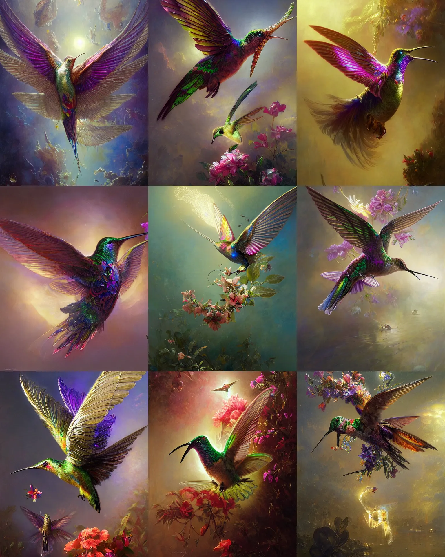 Prompt: cyborg humming bird sipping nectar from flowers, biomechanical wings, iridescent metallic feathers radiant light, caustics, heroic, bright iridescent light, by gaston bussiere, bayard wu, greg rutkowski, maxim verehin bloom dramatic lighting