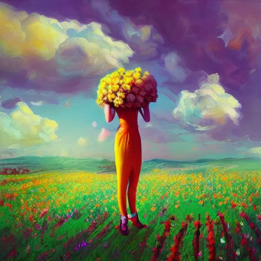 Image similar to woman with big flower face, standing in flower field, surreal photography, sunrise dramatic light, impressionistic painting, colorful clouds, artstation, dali, simon stalenhag