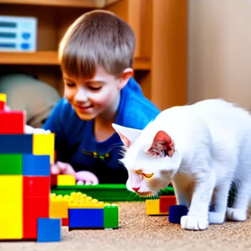 Prompt: a cat and a kid playing with Lego