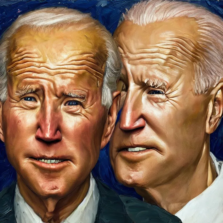 Image similar to close up studio portrait of aging old Joe Biden age 103 wrinkled sad, impasto oil painting by Lucian Freud and Ron Mueck, trending on artstation Studio lighting Expressionism