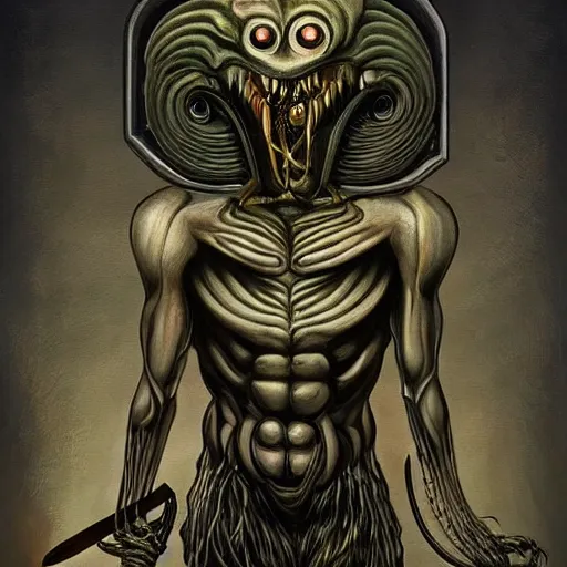 Image similar to beautiful painting of a muscular cleaver-headed chef monster with a thousand eyes in the style of Welder Wings and H. R. Giger. Dark background, detailed, trending on Artstation