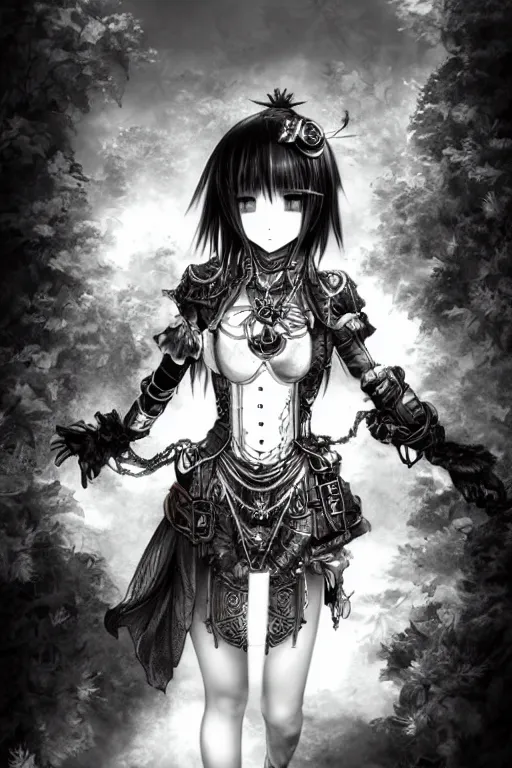 Image similar to a vertical portrait of a character in a scenic environment by Yoshitaka Amano, black and white, dreamy, steampunk armor, black hair, highly detailed