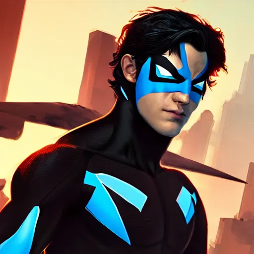 Image similar to Tom Holland is Nightwing, hyperdetailed, artstation, cgsociety, 8k