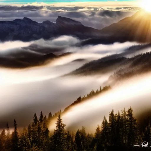 Prompt: tall mountain, realistic, detailed, fog, award winning photo, sunset, 8 k