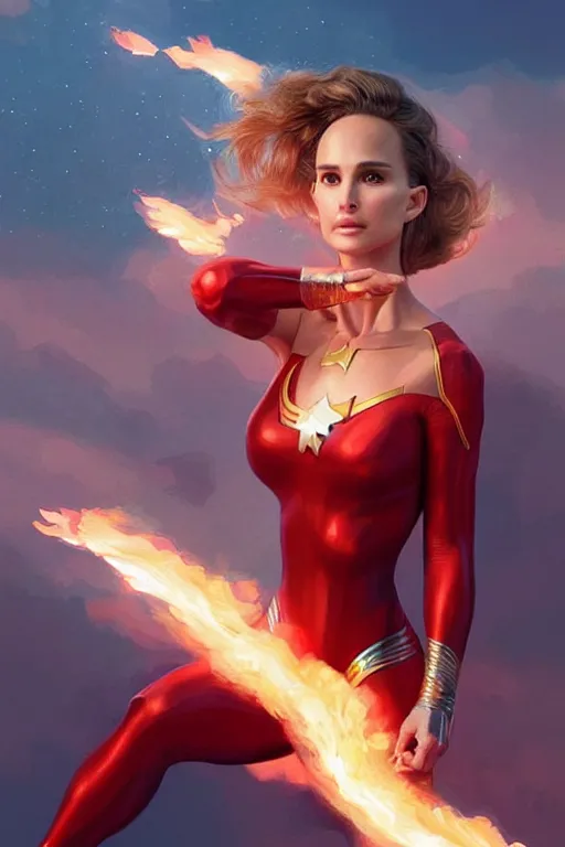 Prompt: hyper - realistic, gorgeous!!! woman resembling natalie portman as a superhero with fire powers, flying over a city | intricate, highly detailed, digital painting, artstaion, smooth, sharp focus, character desgin, concept art, illustration | art by artgerm & jeehyung lee & wlop