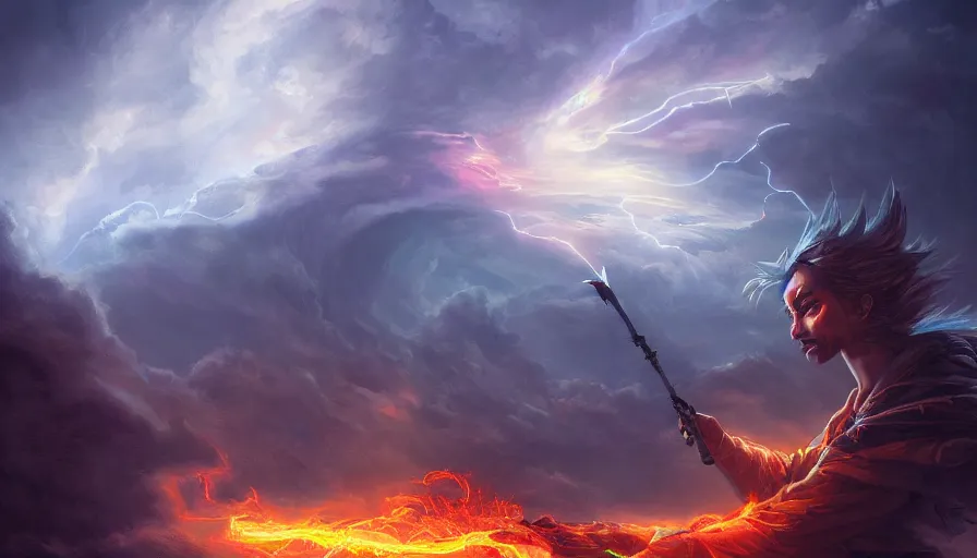 Image similar to Mage using his magic wand to summon fire dragon in the stormy sky, hyperdetailed, artstation, cgsociety, 8k