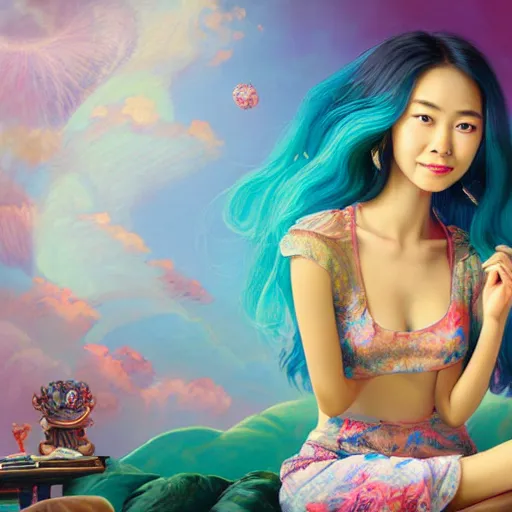 Prompt: young asian woman with flowing hair dressed in a small top sitting on bed, she is smiling, centered, rendered in octane, photorealism, by Ansel Adams David Suh Lisa Frank Peter Mohrbacher Artgerm