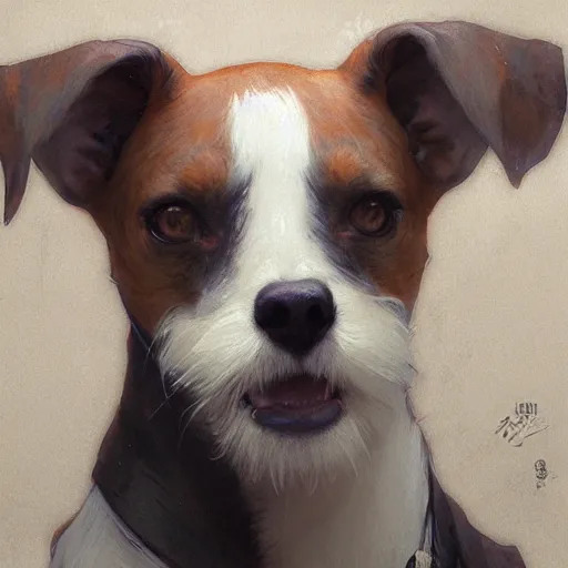 Image similar to jack russel terrier surprised, trending on art station, by krenz cushart and mucha and akihito yoshida and greg rutkowski and makoto shinkai