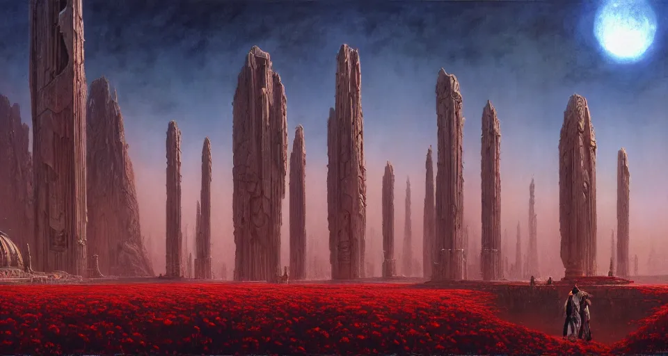 Image similar to a cinematic view ofnokron, eternal city, elden ring, harold newton, zdzislaw beksinski, donato giancola, warm coloured, gigantic pillars and flowers, maschinen krieger, beeple, star trek, star wars, ilm, atmospheric perspective