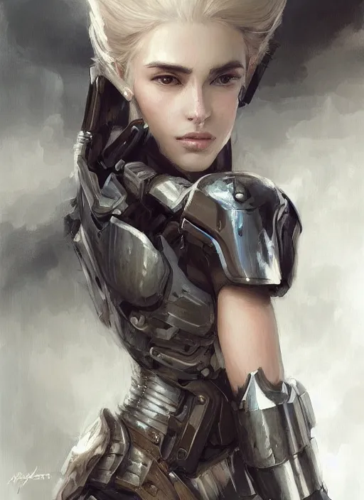 Image similar to a professional painting of a beautiful young female, clothed in military armor, olive skin, long dark hair, beautiful bone structure, symmetrical facial features, intricate, elegant, digital painting, concept art, smooth, sharp focus, illustration, from Metal Gear, by Ruan Jia and Mandy Jurgens and Artgerm and William-Adolphe Bouguerea