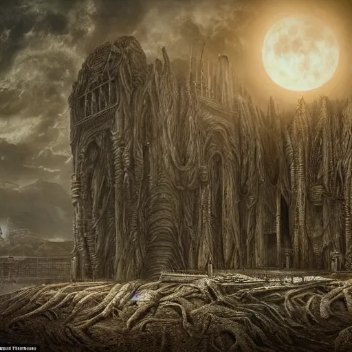 Prompt: a dramatic matte painting of the tomb in the dystopian landscape is opening through the ground, the dead has arisen under the glowing moon, dead trees and a brooding landscape by giger and dariusz zawadzki and beksinsk