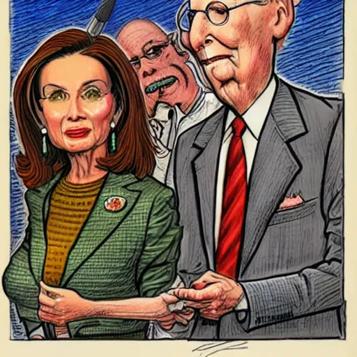 Image similar to The Artwork of R. Crumb and his Cheap Suit Mitch McConnell and Nancy Pelosi, pencil and colored marker artwork, trailer-trash lifestyle