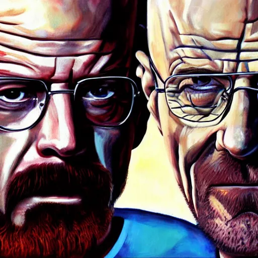 Image similar to walter white face to face with rick grimes, oil painting