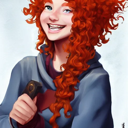 Prompt: a young woman with curly red hair, freckles, smart, portrait, shallan davar, blue eyes, smiling laughing, thick hair, rpg, dnd, artgerm style