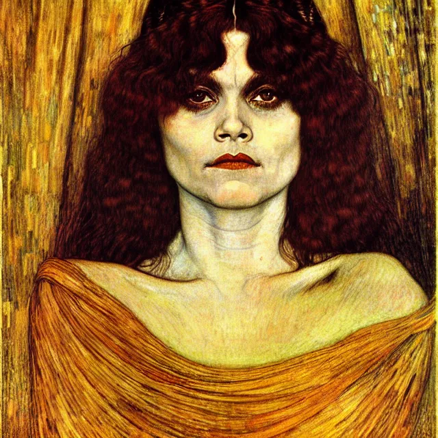 Prompt: detailed realistic theda bara face portrait by jean delville, gustav klimt and vincent van gogh, art nouveau, symbolist, visionary, gothic, pre - raphaelite, muted earthy colors, desaturated