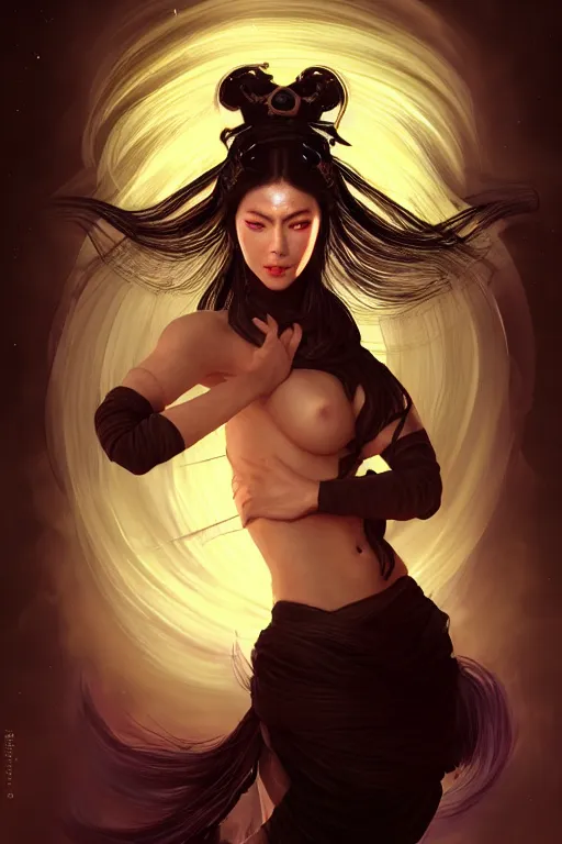 Prompt: beautiful mystery and gorgerous and black magic and stunning female ninja with face mask portrait+smoky eyes+light flowing hair, in mudra and firefly night ruin tokyo temple, ultradetail face, art and illustration by tian zi and craig mullins and WLOP and alphonse mucha, dynamic light, ssci-fi, fantasy, intricate complexity, fantasy world concept, watermark, blurry, hyperrealism 8k