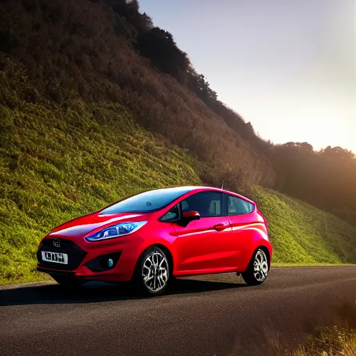 Image similar to red ford fiesta mk 6 zetec on a mountain road, award winning photograph, golden hour