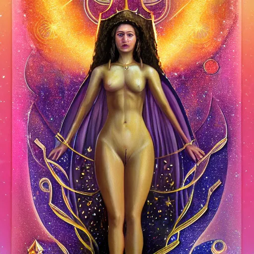 Prompt: perfectly detailed goddess of galaxies tarot card!! blessed by the universe with ever - increasing physical mental perfection, symmetrical! intricate, sensual features, highly detailed, universeral divine perfection!! digital painting, artstation, concept art, smooth, sharp focus, illustration