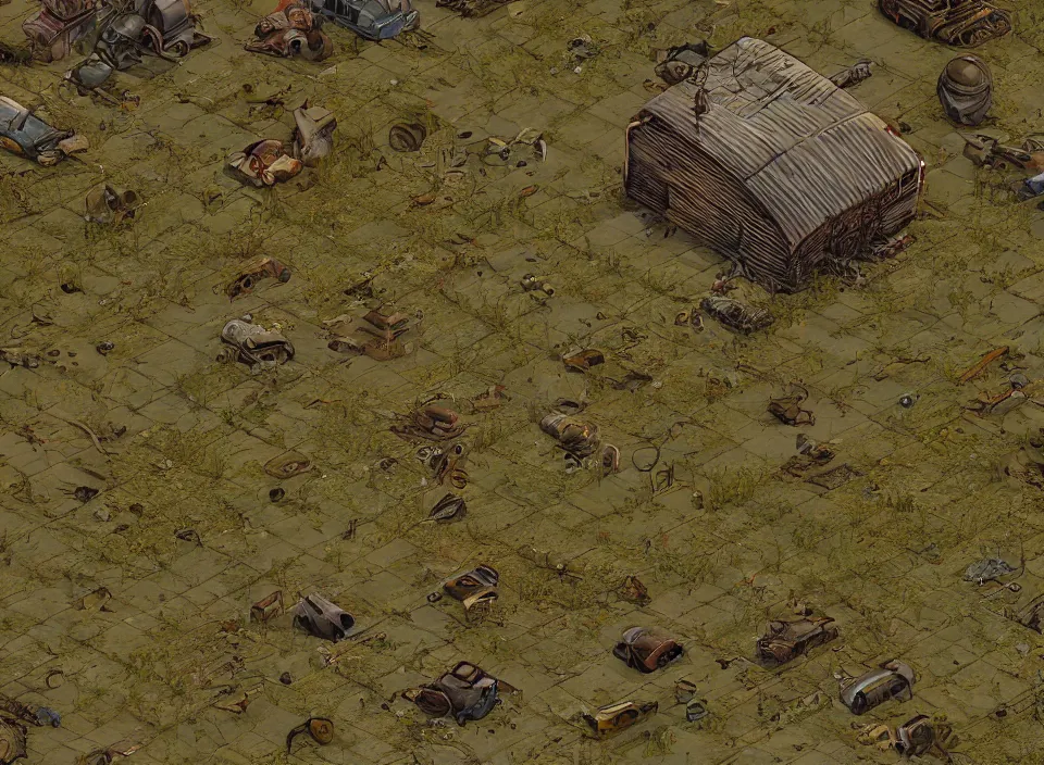 Image similar to Screenshot of a abandoned dead cornfield with a road going across it in Fallout 2 (1998), isometric perspective, postapocalyptic, bird's eye view, prerendered isometric graphics, high quality