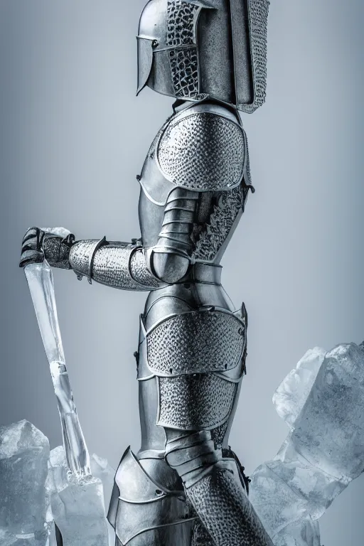 Prompt: a sculpture of female knight made of ice, symmetry, cinematic, elegant, luxury, perfect light, perfect composition, dlsr photography, sharp focus, 8 k, ultra hd, sense of awe, highly detailed, realistic, intricate