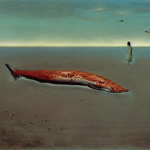 Image similar to decaying salmon on the beach after spawning, eaten by insects, by zdzisław beksinski.