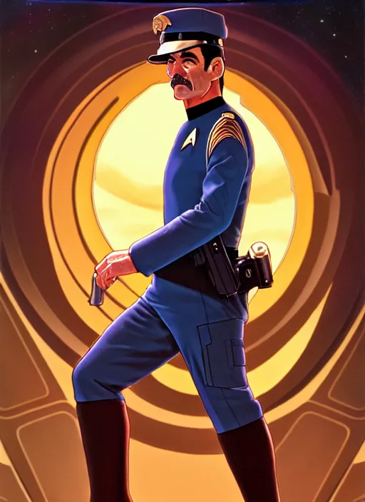 Image similar to star trek officer daniel plainview, natural lighting, path traced, highly detailed, high quality, digital painting, by don bluth and ross tran and studio ghibli and alphonse mucha, artgerm