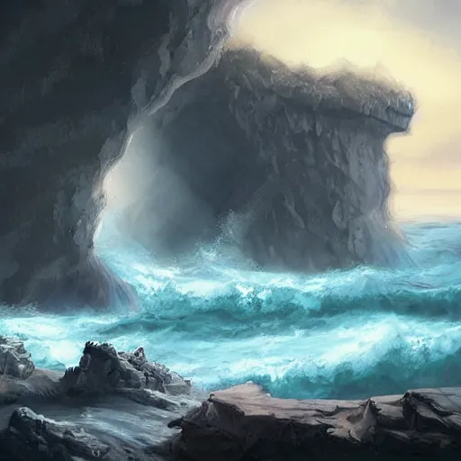 Prompt: cliffside cave overlooking a stormy ocean, highly detailed, by charlie bowater