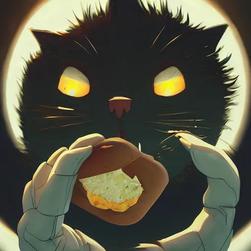 Image similar to shocked cat running away from the giant carnivorous sandwich, artstation hq, dark phantasy, stylized, symmetry, modeled lighting, detailed, expressive, created by hayao miyazaki