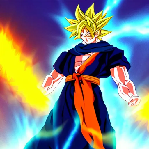 Image similar to jesus Christ on the cross going super saiyan, glowing, anime