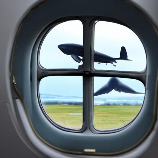 Image similar to an airplane with a tiny whale pilot, the whale is in the airplane cabin, the whale head can be seen through the window by people outside the airplane, the whale can be seeing inside the front of the plane