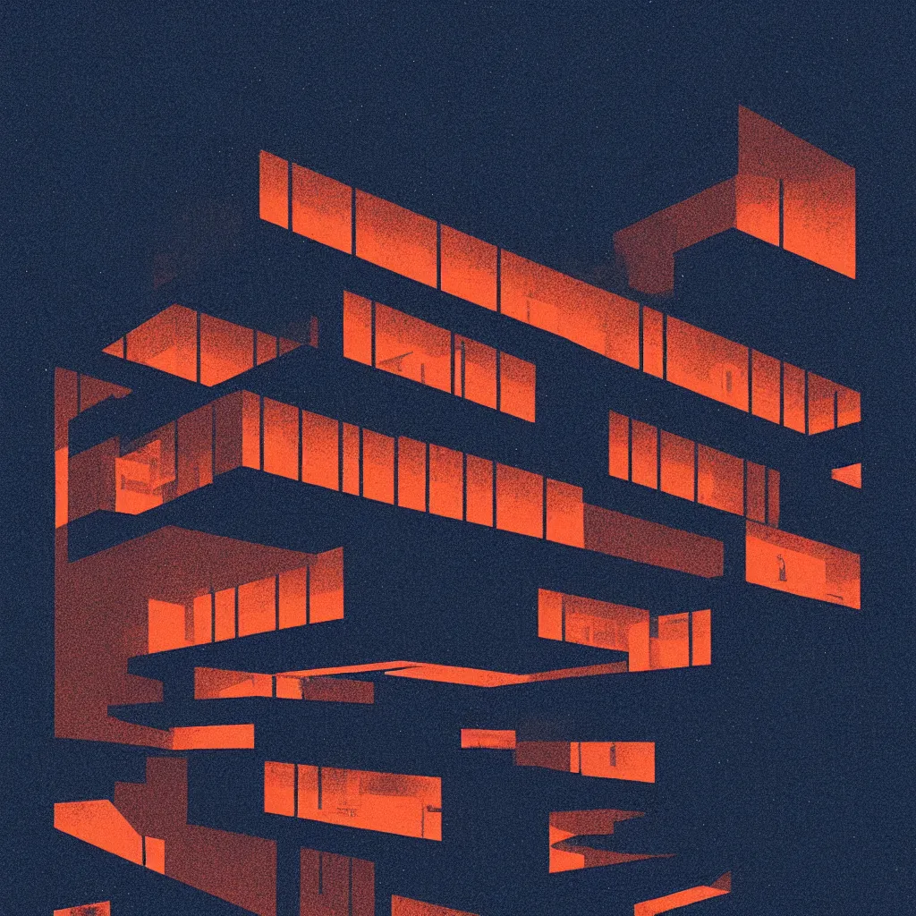 Image similar to staring at the night sky, mads berg, karolis strautniekas, film noir, stippled light, dramatic lighting, editorial illustration, detailed, fine texture, matte print, art deco, brutalism, dark blue + dark orange, red, black, ( ( habitat 6 7 background ) )