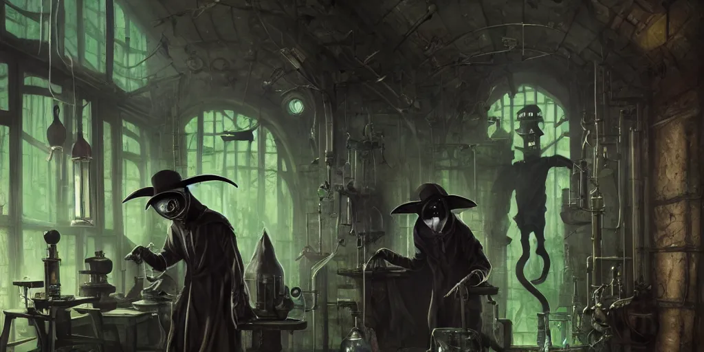 Image similar to a plague doctor and a humanoid rat in a laboratory with lots of flasks filled with magic liquids and green fog, stephen bliss, unreal engine, fantasy art by greg rutkowski, loish, rhads, ferdinand knab, ilya kuvshinov, rossdraws, tom bagshaw, global illumination, radiant soft light, detailed and intricate environment