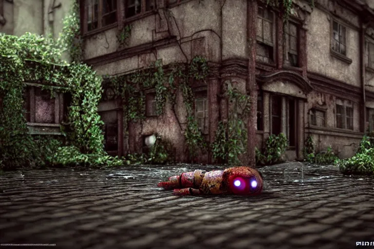 Image similar to Broken ugly toy doll with glowing eyes lying on old courtyard with puddles and an old playground between two soviet five-storey overgrown with ivy panel houses, high details, cinematic, Silent Hill, 8k resolution, beautiful detailed, insanely intricate details, artstation trending, rule of third, octane render, unreal engine