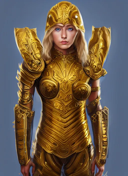 Prompt: golden armor full - body portrait of slavic young woman warrior, front, symmetrical, extremely detailed face, beautiful face, blonde hair, blue eyes, digital painting, true anatomy, behance, art by evgeny zubkov