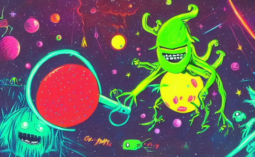 Image similar to alien tennis ball monsters in space, colorful neon, digital art, fantasy, magic, chalk, trending on artstation, ultra detailed, professional illustration by basil gogos