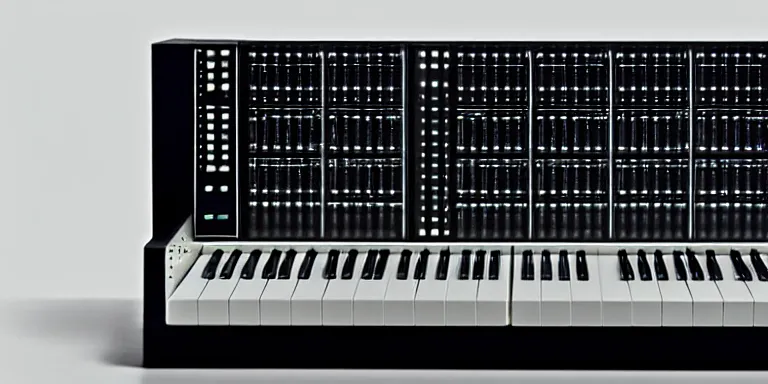 Prompt: dezeen showroom, minimalissimo, archdaily, visualpleasure, 2 0 4 6 lab, teenage engineering moad, mother of all decks, product design concept, product shot of moog melotron synthesizer designed by dieter rams, jony ives, 8 k, highly detailed photo