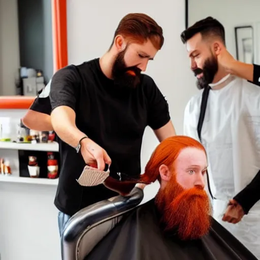 Prompt: photo of a barber man with a dark well groomed beard giving a haircut to a slender attractive woman has long straight red orange hair. The woman is feeding a baby