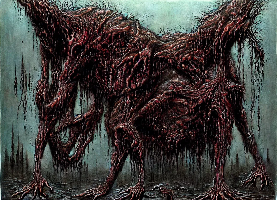 Prompt: Giant fanged limb monster walks in the road. Drops of blood, meat with veins, mouths, eyes. Dark colors, high detail, hyperrealism, horror art, intricate details, masterpiece, biopunk, body-horror, art by Beksinski, Giger