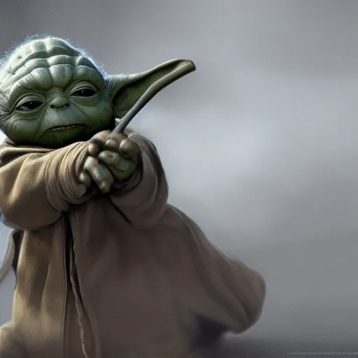 Image similar to Yoda hitting himself with a stick, hyperdetailed, artstation, cgsociety, 8k