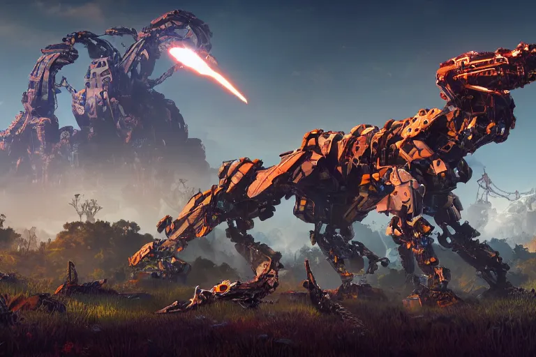 Image similar to slitherfang machine mecha animal beast robot of horizon forbidden west horizon zero dawn bioluminiscence global illumination ray tracing hdr fanart arstation by sung choi and eric pfeiffer and gabriel garza and casper konefal