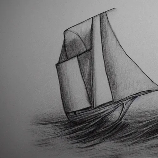 Prompt: pencil's drawings of a sailing boat on a rough sea