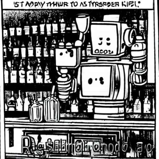 Prompt: a retro robot at the bar orders a drink from a (TY fluffy puppy) bartender.