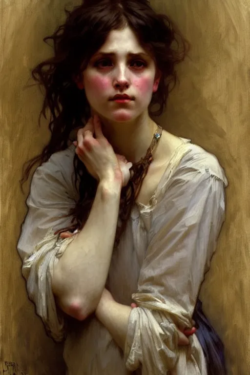 Image similar to dark victorian poor girl, painting by daniel gerhartz, alphonse mucha, bouguereau, detailed art, artstation