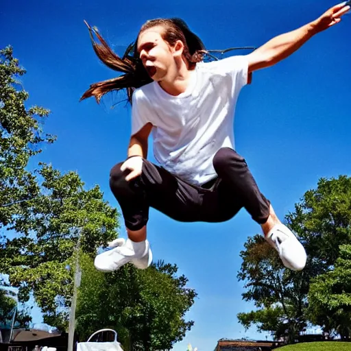 Image similar to a white boy with long brown hair in a pony tail, green eyes, jumping.